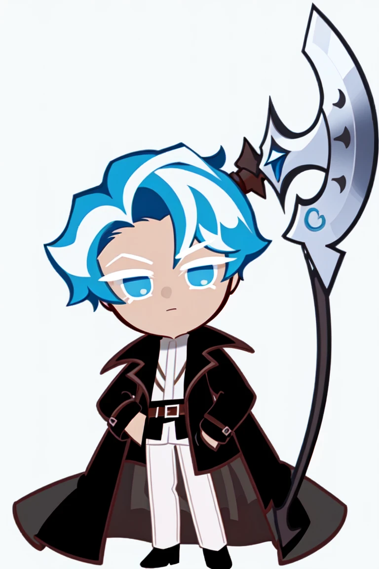 best quality, illustration, 1boy, ethereal, powerful, god-like, fatherly, mature, short blue hair, blue eye, white streaks on hair, black trench coat, battleaxe, white background, simple background, cookierun, solo, chibi, full body, 