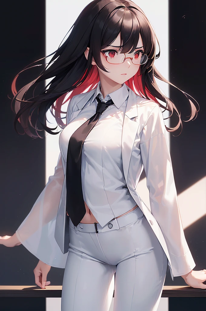 (masterpiece; best quality: 1.2), (finely detailed eyes: 1.3), ((25 year old woman)), ((solo)), (red eyes: 1.4), (body; gorgeous, luscious, femenine: 1.3), (silky black hair: 1.3), (beautiful and clear background: 1.2), ((depth of field)), (equipment: white open labcoat + black shirt + white necktie + white pants + black square glasses: 1.3), (anime illustration: 1.2), (background composition; japanese highschool classroom + furniture: 1.1), (extremely fine and beautiful: 1.1), (shot composition; standing + centered on torso + close-up: 1.5), (expression; calm, stoic: 1.2)