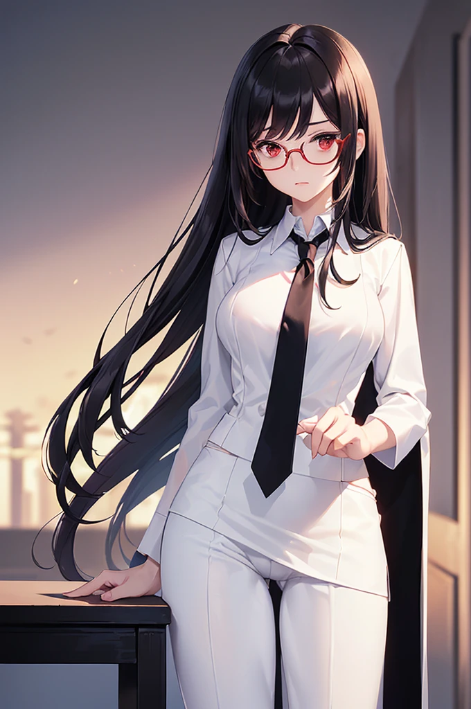(masterpiece; best quality: 1.2), (finely detailed eyes: 1.3), ((25 year old woman)), ((solo)), (red eyes: 1.4), (body; gorgeous, luscious, femenine: 1.3), (silky black hair: 1.3), (beautiful and clear background: 1.2), ((depth of field)), (equipment: white open labcoat + black shirt + white necktie + white pants + black square glasses: 1.3), (anime illustration: 1.2), (background composition; japanese highschool classroom + furniture: 1.1), (extremely fine and beautiful: 1.1), (shot composition; standing + centered on torso + close-up: 1.5), (expression; calm, stoic: 1.2)