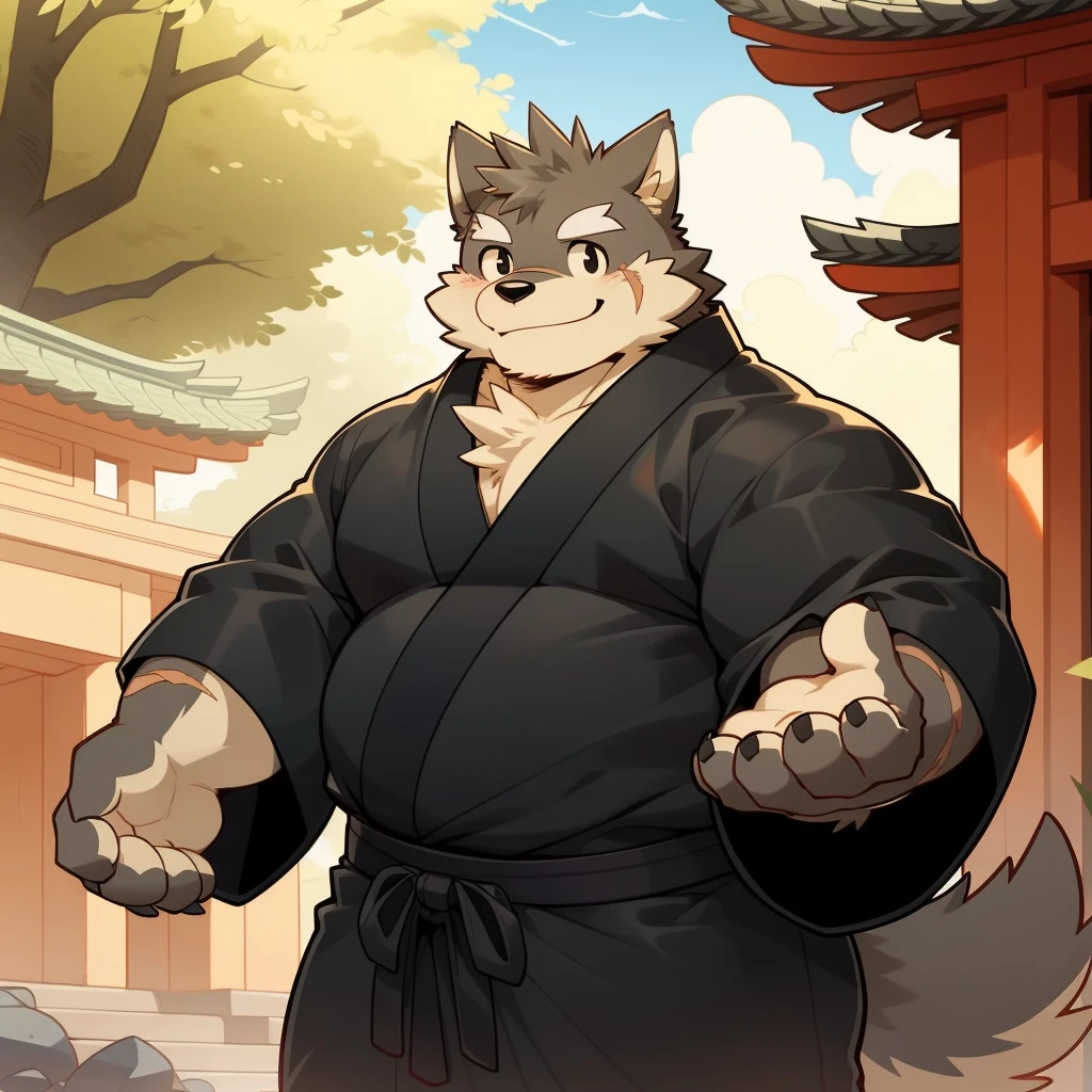 Scribble 黑色柴dog face,Cute face,Humanity(dog),(Black Kimono:1.3),Chubby,(White eyebrows:1.1),(Perfect black eyes),（artist:Takemoto Arashi）,(Bulging buttocks),shrine，Scars on the face，Smile，Wolf Tail。