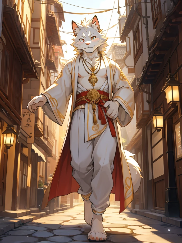 Anthro, white mein coon cat, full body, male, adult, hand paws, long fluffy tail, strong, light robe, light pants, flip flop, fancy modern japenese clothing, ornate clothing, necklace with pendant, abdomen on display, innocent look, warm expression, hairy body, 8K, dynamic lighting, ultra detailed, masterpiece, street of a medieval town, raining