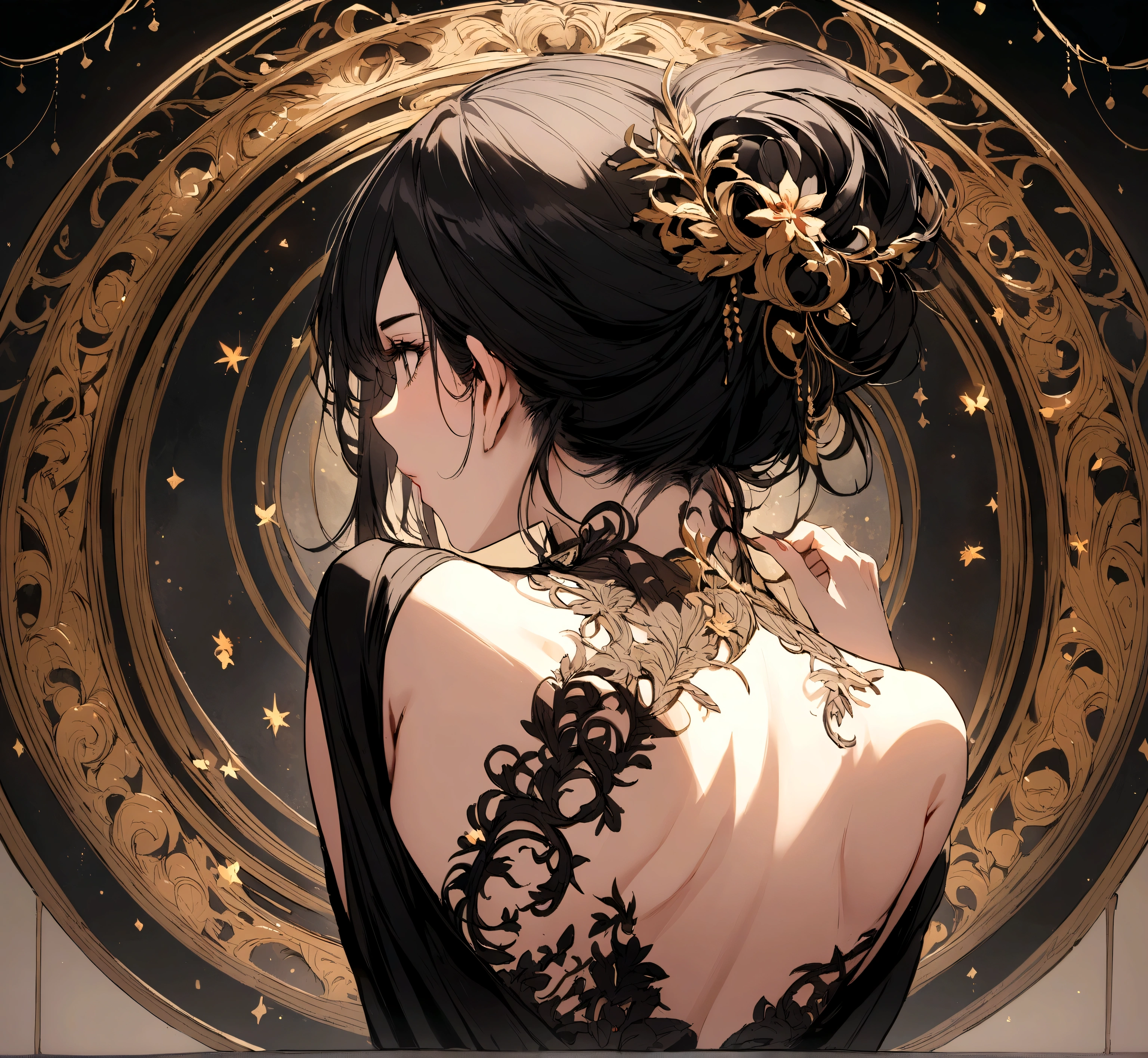 Beautiful woman with medium black hair with her back looking at the spectacle with her back bare.