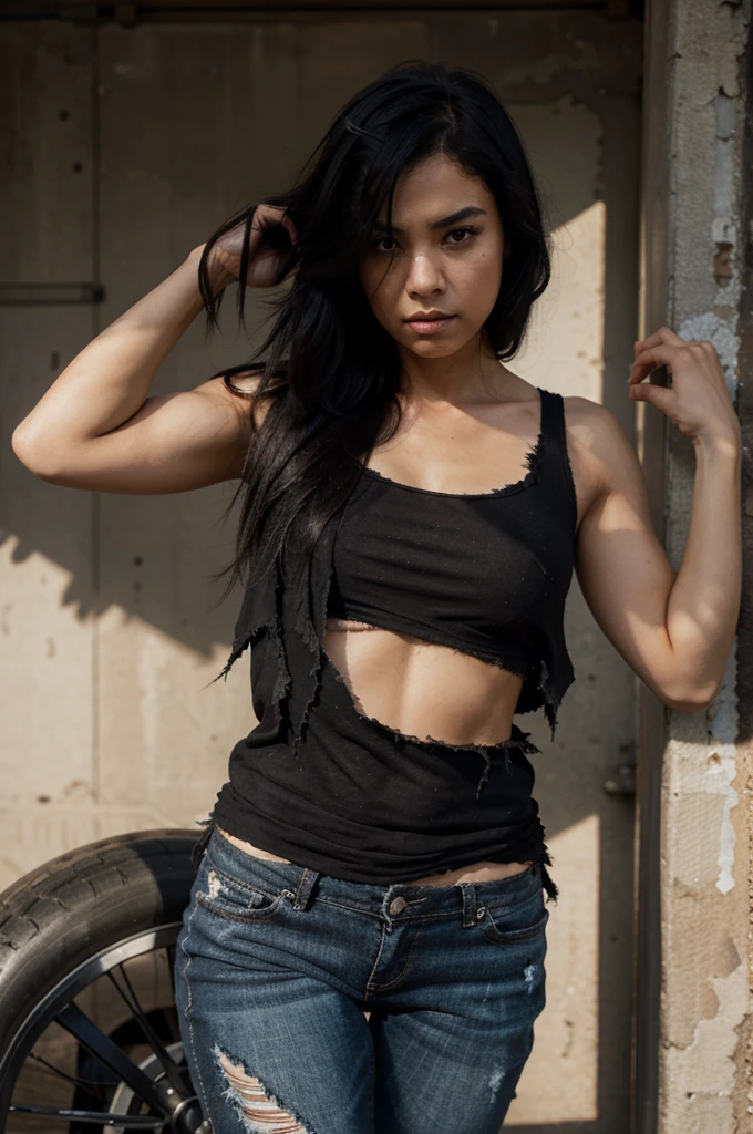 female, black hair, torn clothes, angry, medium muscle