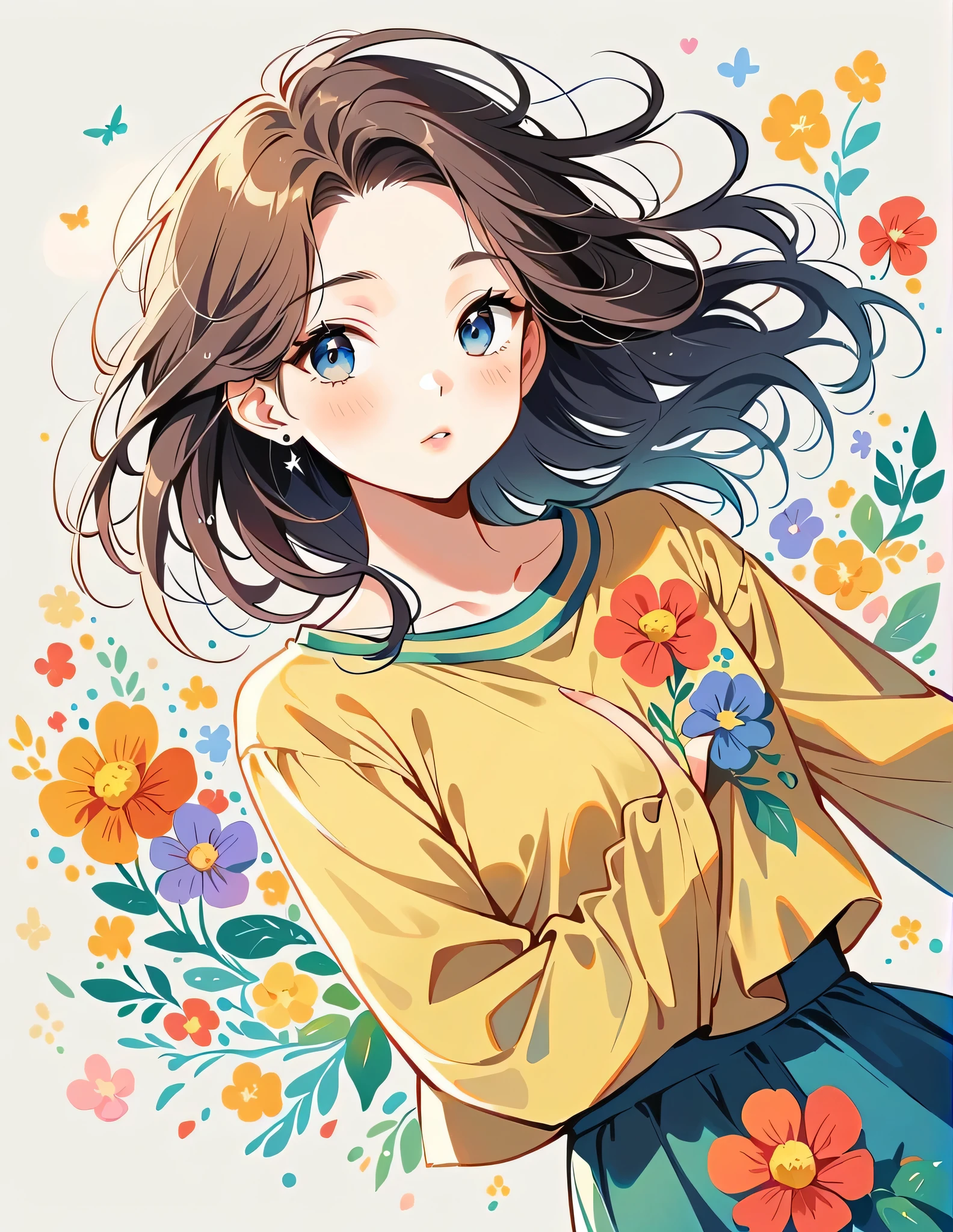 Kamijo collar style、The most beautiful girl of all time、Lips in Love、Colorful flowers、Simple line initials、Abstract art、Urban Background, walking