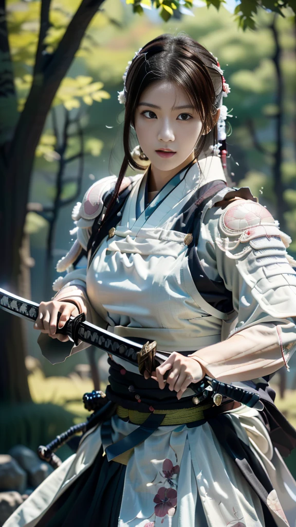 Arabian woman in white samurai costume holding sword, Maid, Wearing samurai armor, Pulling out the sword, She has a sword, Japanese live-action films, Live-action movie stills, Samurai Style, Wearing kimono and armor, Wearing kimono and armor, Beautiful Female Warrior, Japanese Warrior