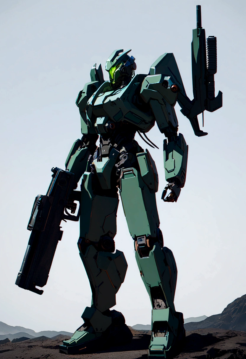 Dark_Fantasy, Cyberpunk, (Gun, 1.1), 1 Man, Mechanical Marvel, Robot Presence, Cybernetics Guardian, Green, 8K, Simple Background