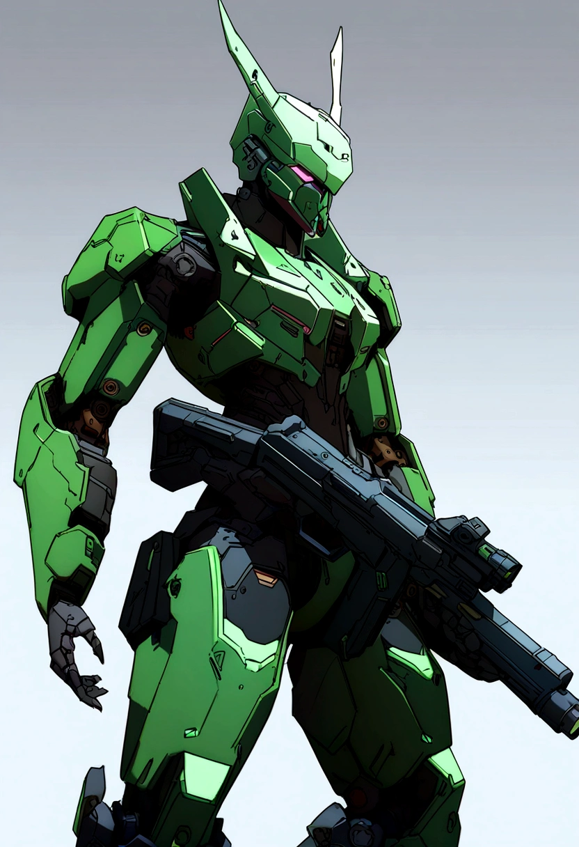 Dark_Fantasy, Cyberpunk, (Gun, 1.1), 1 Man, Mechanical Marvel, Robot Presence, Cybernetics Guardian, Green, 8K, Simple Background