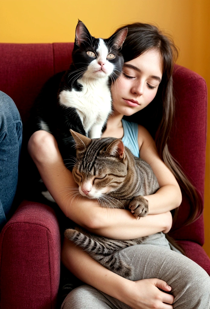 The cat is sleeping on the girl’s lap