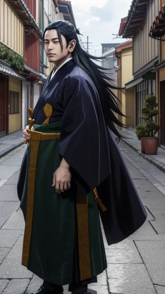 A MANY MAN WITH LONG BLACK HAIR, BROWN EYES, WEARING A KIMONO, NAMED "SUGURU GETO" IN A REALISTIC 4K-HDR VIEW, STANDING IN THE MIDDLE OF A BEAUTIFUL CITY, WITH A REALISTIC SPRING EFFECT.