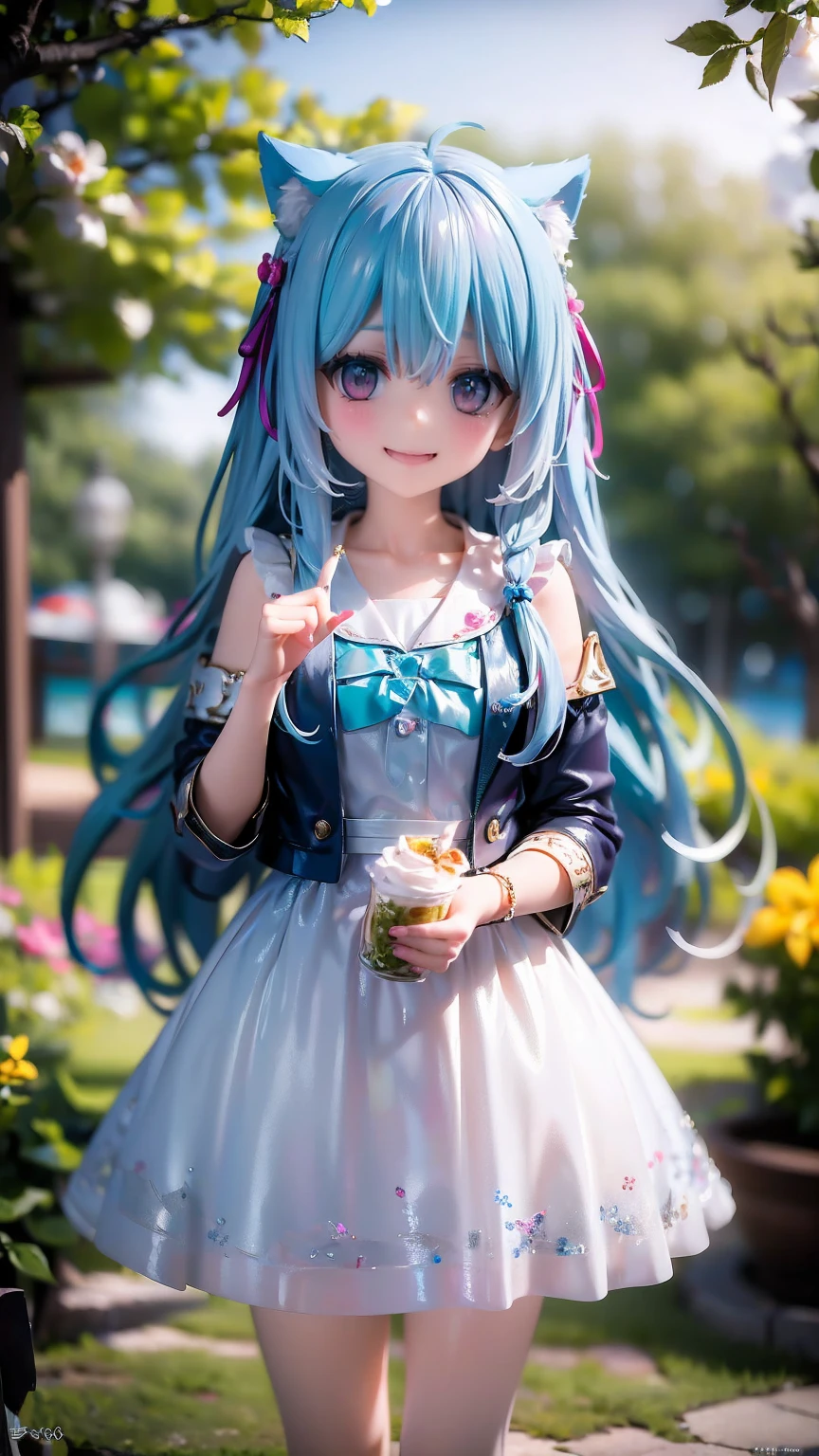  beautiful girl, Highest quality, 8K, 11 years old、girl、Fluffy long hair、Summer outfit、Happy smile、sea