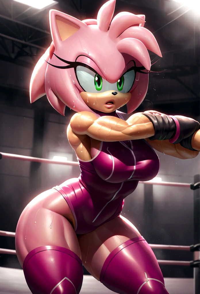 a sexy female wrestler, Amy Rose, muscular athletic body, beautiful detailed eyes, beautiful detailed lips, extremely detailed face and skin, long eyelashes, athletic pose, grappling another female wrestler, sweating, tight wrestling outfit, dynamic action, cinematic lighting, highly detailed, photorealistic, 8k, HDR, dramatic contrast, vivid colors