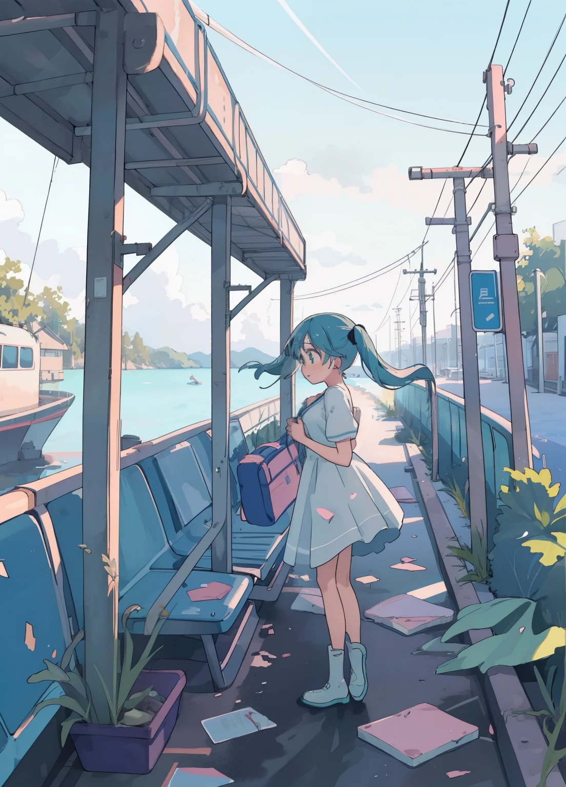 (masterpiece、Highest quality、Highest quality、Official Art、Beautiful and beautiful:1.2)、(One girl:1.3)Hatsune Miku、Twin tails,Beautiful breasts,masterpiece, Highest quality, High resolution, Highly detailed CG, Post-apocalyptic, Girl in a white dress on a broken white platform above the sea, A deserted bus stop on the platform, Concrete debris scattered in the water, blue sky, Fresh, Simple, pastel colour