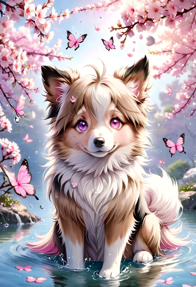 absurdres, highres, ultra detailed, HDR, master piece, best quality, extremely detailed, dog, border collie doble merle, white fur, light brown around the eyes, light brown ears, solo, cute, small, fantasy, magical, magic, pink butterflies, pink petals, pink flowers, water, blossoms