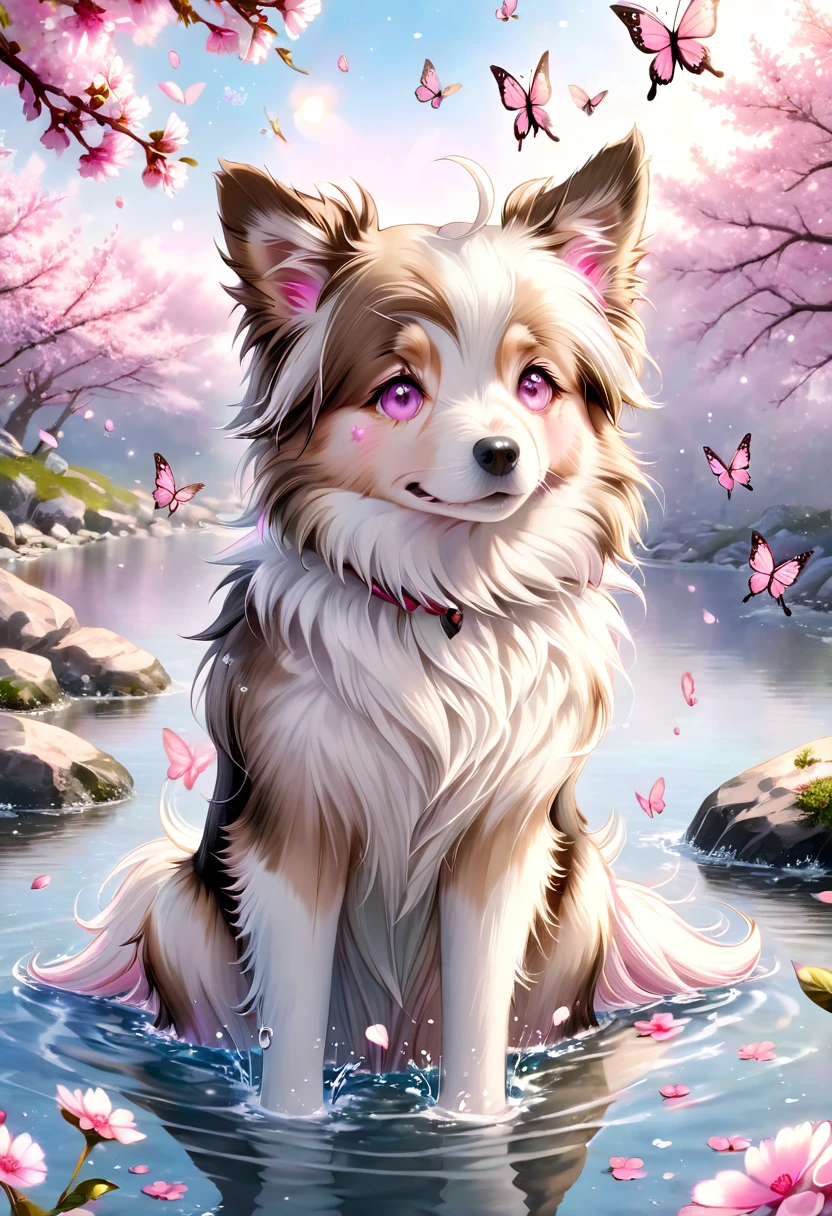 absurdres, highres, ultra detailed, HDR, master piece, best quality, extremely detailed, dog, border collie doble merle, white fur, light brown around the eyes, light brown ears, solo, cute, small, fantasy, magical, magic, pink butterflies, pink petals, pink flowers, water, blossoms