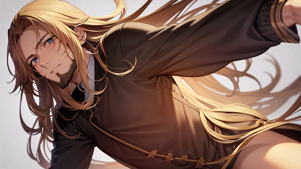 anime lineart a man in the front angle, He has long hair that is parted in the middle, there is a strand of hair behind his left ear and a strand behind his right ear., He has beard