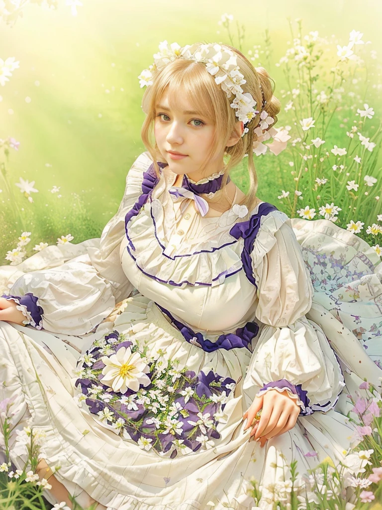 Girl with big breasts in a white dress sitting in a flower field with flowers on the dress., in dress, violet garden, Marisa Kirisame, Portrait of Lolita, visual anime of a cute girl, cute anime waifu with a nice dress, anime girl dressed as a maid, in bowater art style, Beautiful lady, highly detailed exquisite fanart, fanart oficial, shojo vintage