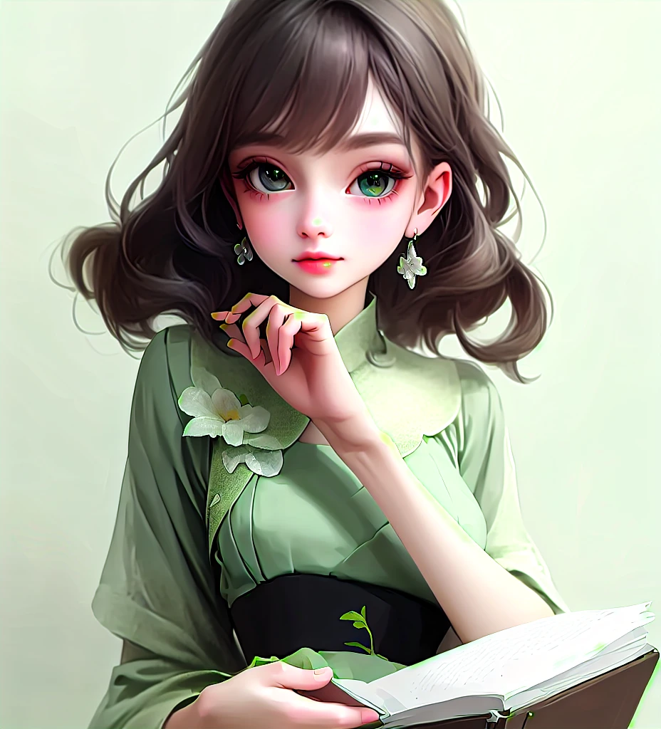Close-up：A woman in a green dress holds a book, Lovely and detailed digital art, Cute numbers艺术, Cute numbers, artwork in the style of Gu Weiss, Elegant digital art, Kawaii realistic portrait, Popular on cgstation, Beautiful digital illustrations, Beautiful digital illustrations, Rendering a cute 3D anime girl, Gu Weiss