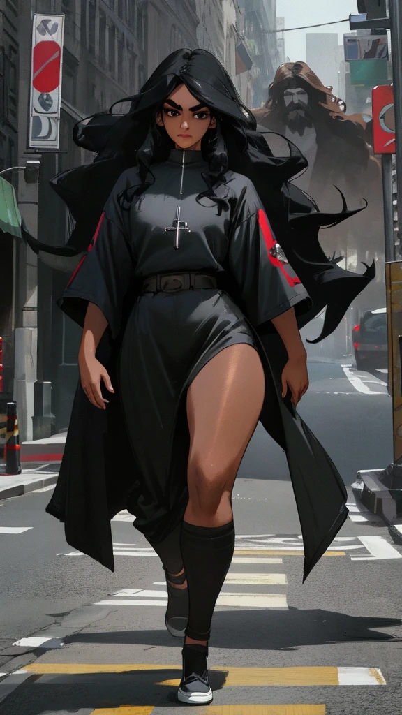 a woman with small intense black eyes, thick eyebrows, thin mouth, bronzed skin, long heavy curly black hair, walking down street, 24 years old, full-body, ultra-realistic 8k portrait, jesus watching over, protecting from surrounding demons, masterpiece, photorealistic, ultra-detailed, physically-based rendering, sharp focus, vivid colors, dramatic lighting