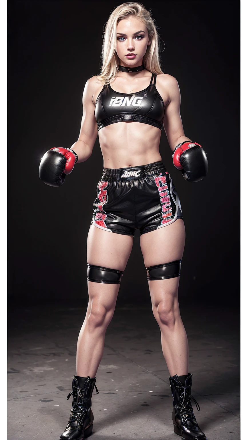 Beautiful cute young blonde American bimbo, 16 years old, (young cute bimbo face), ((black boxing shorts:1.5)), ((sexy black boxing shorts:1.3)), ((tiny bra:1.3)), ((black boxing boots:1.3)), blue eyes, straight blonde hair, muscular arms, toned body, boxing gloves, (lipstick, heavy makeup:1.3), ((black boxing shorts:1.3)), barbie, slutty makeup, perky breasts, small firm breasts, intimidating pose in a boxing ring, ((full body portrait:1.3)),