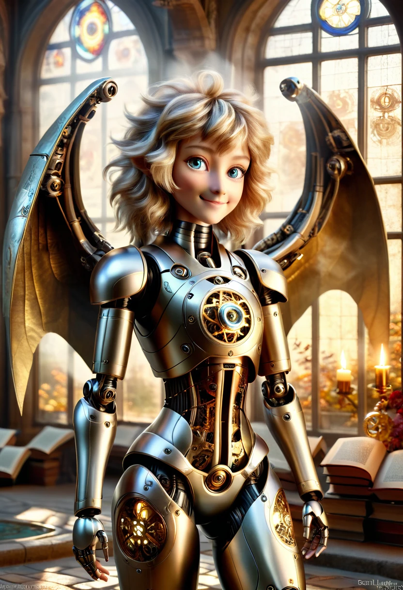 masterpiece, best quality, highly detailed, solo, looking at viewer, smile, mechaical face. Wide Smile, Eyes Detailed & Wide, sexy Pose. Ultra HD, Rococo-Inspired Fantasy Art With Intricate Details. Cute, Charming Expression, Alluring-Gaze, looking at viewer Beautiful Eyes, An-Ideal-Figure. . slim waist, fit body, Warm lights , t, with fluffy hair, delicate face, realistic, real, slim, large aperture, sexy shots, attractive poses, symmetrical face, photorealistic, photography, path tracing, specular lighting, volumetric face light, path traced hairmaximum quality{(masutepiece) (8K High Resolution) (top-quality) In the style of breath of the wild.medieval monastery garden,steampunk craftsman robot monk,beautiful ornate architecture,steampunk machinery and gears,exquisite stained glass windows,enchanted flower garden,ancient stone walkway with intricate carvings,glowing candles and dimly lit atmosphere,steam and smoke billowing from the machinery,mystical atmosphere,peaceful and serene setting,mechanical wings attached to the robot monk's back,robot monk with intricate clockwork mechanisms,electromechanical eyes glowing with energy,warm golden color palette,gentle sunlight streaming through the stained glass windows,whispering sound of wind and rustling leaves,the scent of aged books and incense,notes of ancient Gregorian chants echoing in the air,sense of awe and tranquility,combination of futuristic and medieval elements,harmony of technology and spirituality.