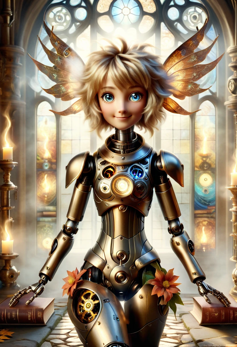 masterpiece, best quality, highly detailed, solo,  looking at viewer, smile, mechaical face. Wide Smile, Eyes Detailed & Wide, sexy Pose. Ultra HD, Rococo-Inspired Fantasy Art With Intricate Details. Cute, Charming Expression, Alluring-Gaze, looking at viewer Beautiful Eyes, An-Ideal-Figure. . slim waist, fit body, Warm lights , t, with fluffy hair, delicate face, realistic, real, slim, large aperture, sexy shots, attractive poses, symmetrical face, photorealistic, photography, path tracing, specular lighting, volumetric face light, path traced hairmaximum quality{(masutepiece) (8K High Resolution) (top-quality) In the style of breath of the wild.medieval monastery garden,steampunk craftsman robot monk,beautiful ornate architecture,steampunk machinery and gears,exquisite stained glass windows,enchanted flower garden,ancient stone walkway with intricate carvings,glowing candles and dimly lit atmosphere,steam and smoke billowing from the machinery,mystical atmosphere,peaceful and serene setting,mechanical wings attached to the robot monk's back,robot monk with intricate clockwork mechanisms,electromechanical eyes glowing with energy,warm golden color palette,gentle sunlight streaming through the stained glass windows,whispering sound of wind and rustling leaves,the scent of aged books and incense,notes of ancient Gregorian chants echoing in the air,sense of awe and tranquility,combination of futuristic and medieval elements,harmony of technology and spirituality. 
