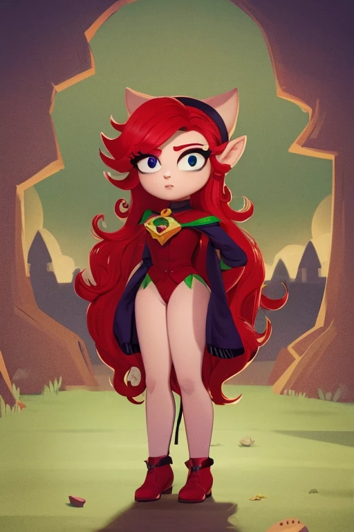 Surreal beautiful crazy elf, curly red hair, face detailed, grandes chifres, oculos futuristas no olho direito, full body, big eyes, pointy very long nose, HD, 8k