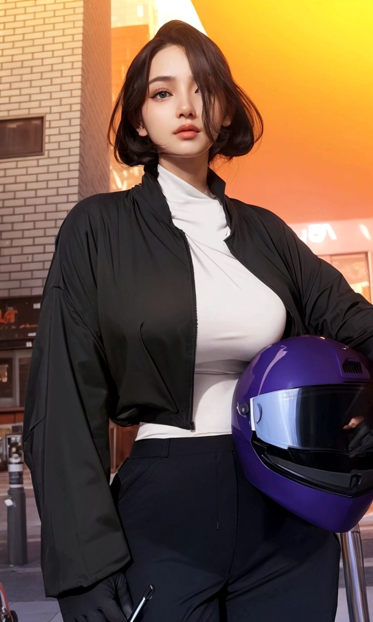 a close up of a person with a helmet on a city street, realistic