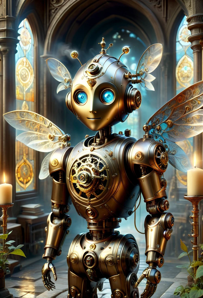 masterpiece, best quality, highly detailed, solo, looking at viewer, smile, mechaical face. Wide Smile, Eyes Detailed & Wide, sexy Pose. Ultra HD, Rococo-Inspired Fantasy Art With Intricate Details. Cute, Charming Expression, Alluring-Gaze, looking at viewer Beautiful Eyes, An-Ideal-Figure. . slim waist, fit body, Warm lights , t, with fluffy hair, delicate face, realistic, real, slim, large aperture, sexy shots, attractive poses, symmetrical face, photorealistic, photography, path tracing, specular lighting, volumetric face light, path traced hairmaximum quality{(masutepiece) (8K High Resolution) (top-quality) In the style of breath of the wild.medieval monastery garden,steampunk craftsman robot monk,beautiful ornate architecture,steampunk machinery and gears,exquisite stained glass windows,enchanted flower garden,ancient stone walkway with intricate carvings,glowing candles and dimly lit atmosphere,steam and smoke billowing from the machinery,mystical atmosphere,peaceful and serene setting,mechanical wings attached to the robot monk's back,robot monk with intricate clockwork mechanisms,electromechanical eyes glowing with energy,warm golden color palette,gentle sunlight streaming through the stained glass windows,whispering sound of wind and rustling leaves,the scent of aged books and incense,notes of ancient Gregorian chants echoing in the air,sense of awe and tranquility,combination of futuristic and medieval elements,harmony of technology and spirituality.