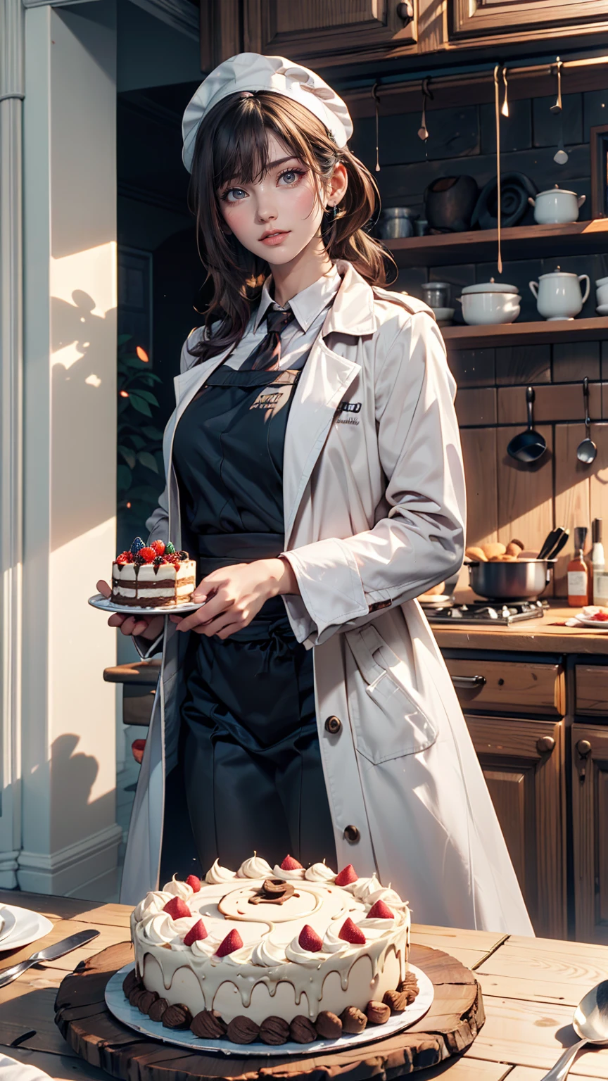 24-year-old female、Pastry chef、Cute white chef coat(cook coat)(Same length as shirt)、Cook Shoes、White Cap、kitchen、Make a birthday cake、Hair up style