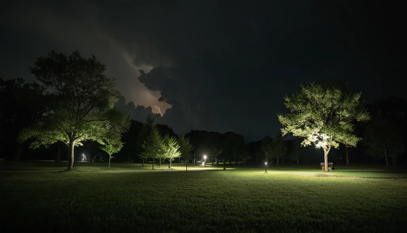 Night view of a park with several trees and lights, Distant Lightning, Moody night scene, Stormy weather at night, Nighttime foreground, ominous lighting, shot with a canon 20mm lens, Night storm, Moody night lighting, Spooky lighting, Distant storm, foreboding and Spooky lighting, 不吉なNight storm, overcast lighting