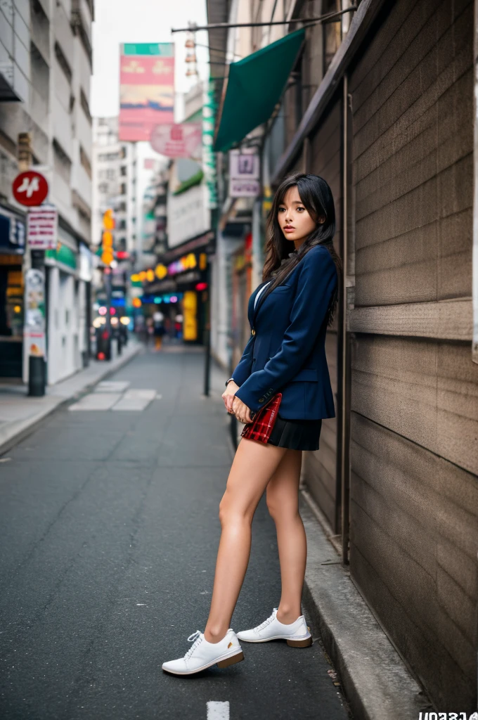a 19 year old girl, she is the most beautiful actress in the world, the perfect body proportions of this girl, the blazer on the formal shirt that's worn on her upper body including it's large breasts, her crotch area of the panties are hardly hidden by suit skirt that's too short, her bare legs, it's just front of her body in photo, there's no photo space above her head, her feet are out of photo space, she is standing straight at the street, nsfw, best quality, highly detailed, masterpiece, ultra high res, photo realistic, 8k, RAW photo