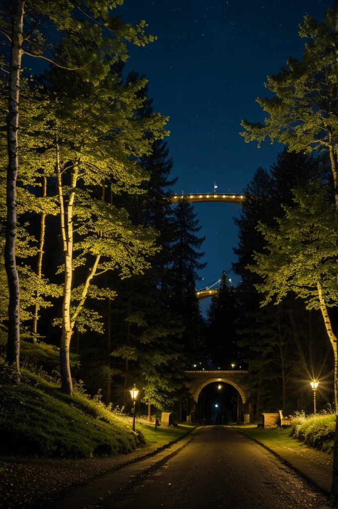 Night picture Houses in trees in a forest linked by suspension bridges view towards the town of the medieval castle kingdom