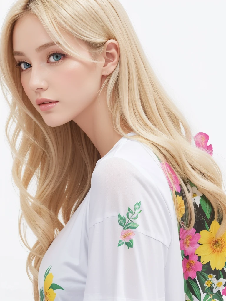 Blonde woman with long wavy hair, wearing top according to short flowers, with long black hair, surrounded by several flowers, realistic style image, Surrounded by Vector VibraPrint Ready t-shirt design, White background, side view, label, White background limpo, professional vector, extreme hight detail, t-shirt design, Vibrant.