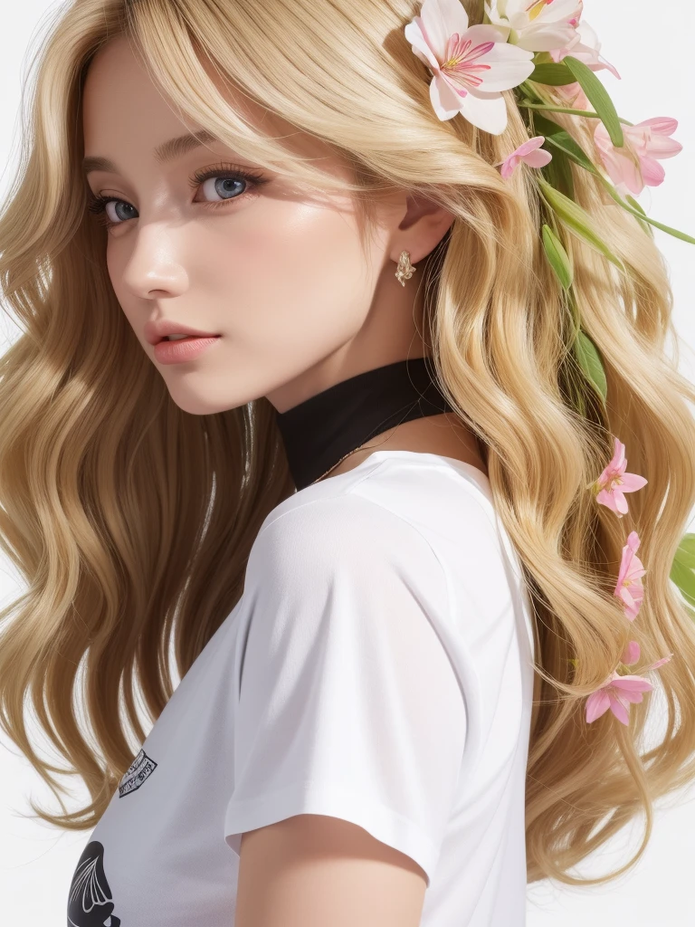 Blonde woman with long wavy hair, wearing top according to short flowers, with long black hair, surrounded by several flowers, realistic style image, Surrounded by Vector VibraPrint Ready t-shirt design, White background, side view, label, White background limpo, professional vector, extreme hight detail, t-shirt design, Vibrant.
