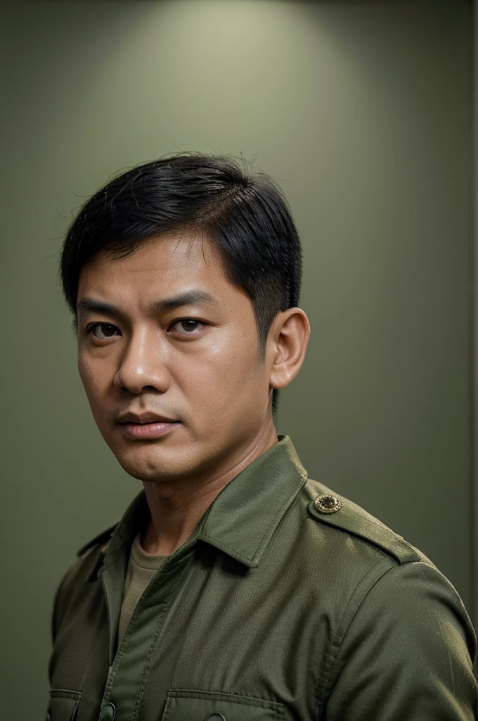 Create a 3D digital portrait of an Asian boy wearing a military uniform, with a stern yet friendly facial expression. Ensure the details of the face, clothing, and light green background look realistic and appealing. Add the title "Prabowo Subianto Djojohadikusumo, Minister of Defense of the Republic of Indonesia" below the image.