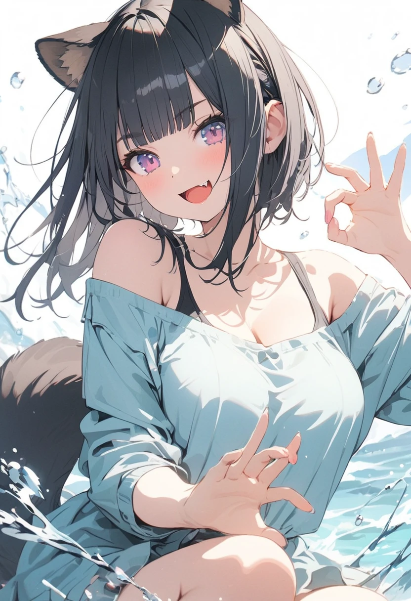 (best quarity,ultra detailed,ultra-high-resolution, absolutely resolution,8k, masterpiece),anime,(pale colors:1.8),long shot, 1girl, solo, cat mouth, dynamic angle, OK sign, smirk, opened mouth, fang, blue hair, bobcut, straight hair, racoon ears, racoon tail, (brown streaked hair:1.3), (blunt bangs) ,thick eyebrows, big breast, off shoulder clothes, cutout, water splash background, summer,