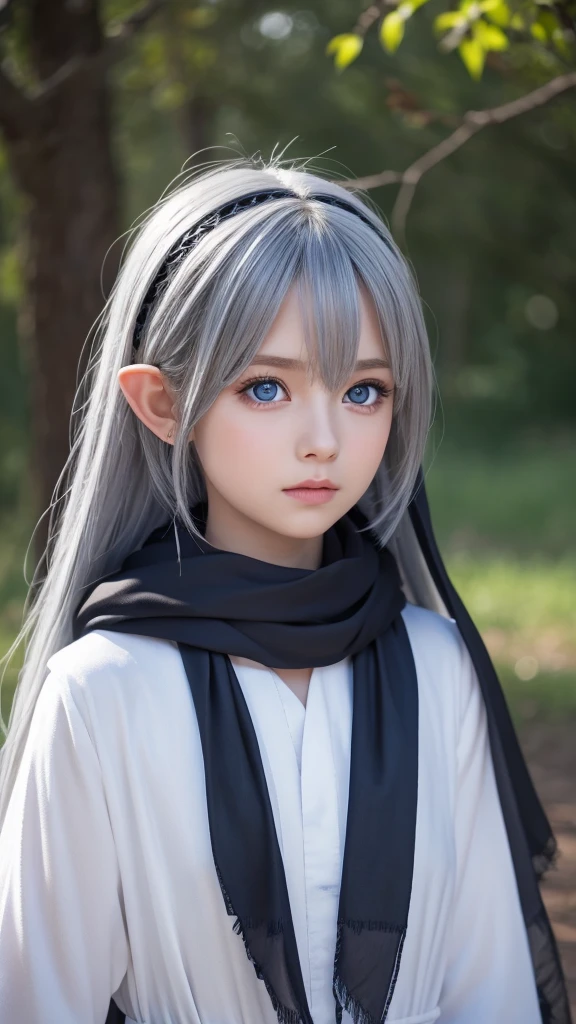 Highest quality, (Wide Shot), CGS Association, 8K, Ultra-realistic, masterpiece, Dark Elf Child, Gray Hair, blue eyes, White clothes, Black scarf, look up, Upper Body, hair, Dark Skin, Straight and loose hair