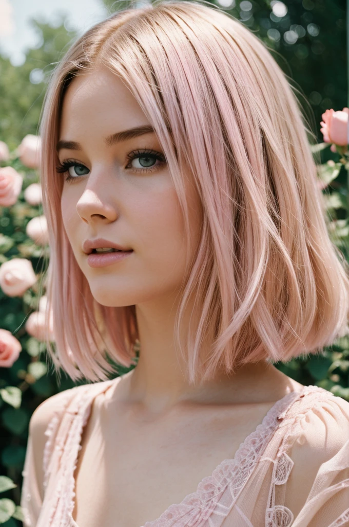 8k, photo and gross, fujifilm, Style photography of a beautiful young girl like Avril in a light pink rose garden. (very detailed skin: 1.2) Style-Petal BREAK short hair, blonde hair with colored highlights, wearing a dress, film grain, 35mm, beautiful style