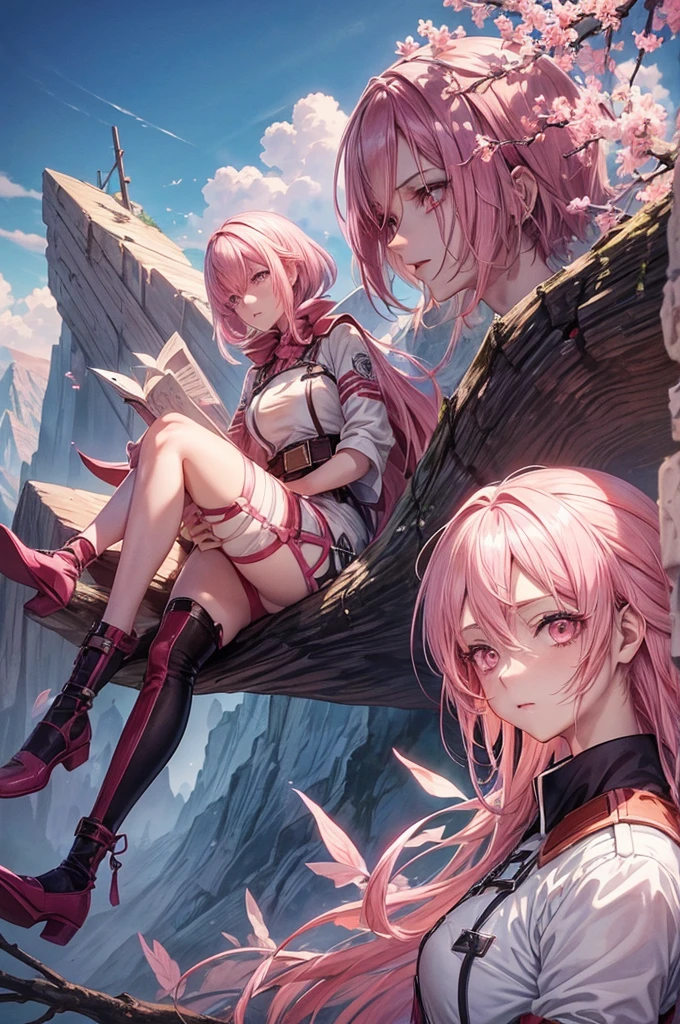 (The anime &quot;Shingeki no Kyojin&quot;), (Uniforms for the elderly), (Long pastel pink hair), (Pastel pink eyes), (On top of a tree on a mountain)