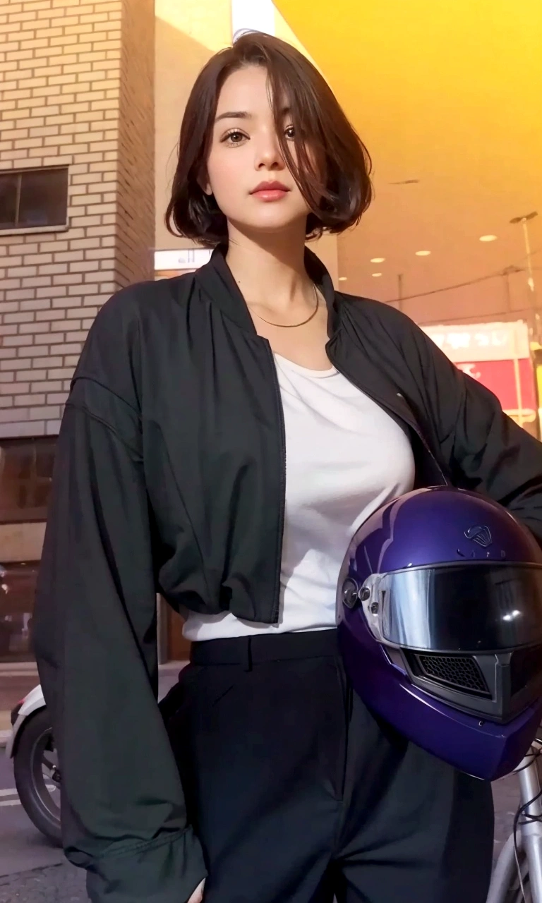 a close up of a person with a helmet on a city street, realistic 