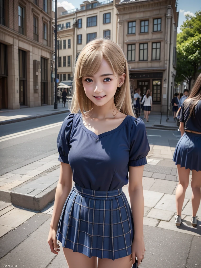 (8K, RAW Photos, Highest quality, masterpiece:1.2), (Realistic, photo-Realistic:1.4), (extremely detailed 8K wallpaper), ((Full Body Shot)), (((1 girl))), Sharp focus, Depth of written boundary, Cinematic lighting, Soft Light, (緻密な美しさのeye, eye_Chan, Very beautiful 17 year old girl, innocent big eyes, Realistic, photo Realistic, Highly detailed cute girl, (Thin thighs), (Model Body Type), (Blonde), (Long Bob Hair), (Asymmetrical bangs), ((A happy smile)), Glowing Skin, Ultra-dense skin ,High resolution, High Detail, Detailed hairstyle, Detailed facial beauty, hyper Realistic, Perfect limbs, Perfect Anatomy, Perfect female body, (school uniform:1.3),(Mini Skirt Blue Checkered Micro Mini Skirt), Watching the audience, (Crowded city street:1.3)