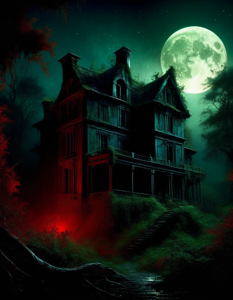 a decaying abandoned mansion in a lush overgrown forest, full moon glowing red in a dark night sky, shadowy wolf silhouettes prowling through the scene, twinkling stars, (best quality, 4k, 8k, highres, masterpiece:1.2), ultra-detailed,(realistic, photorealistic, photo-realistic:1.37), oil painting, intricate brushstrokes, dramatic lighting, dark moody atmosphere, chiaroscuro, Dave mcKean inspired art