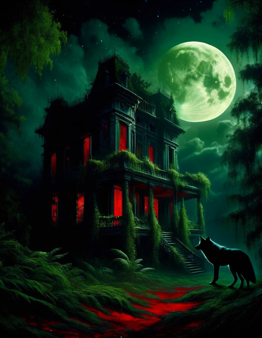 a decaying abandoned mansion in a lush overgrown forest, full moon glowing red in a dark night sky, shadowy wolf silhouettes prowling through the scene, twinkling stars, (best quality, 4k, 8k, highres, masterpiece:1.2), ultra-detailed,(realistic, photorealistic, photo-realistic:1.37), oil painting, intricate brushstrokes, dramatic lighting, dark moody atmosphere, chiaroscuro, Dave mcKean inspired art