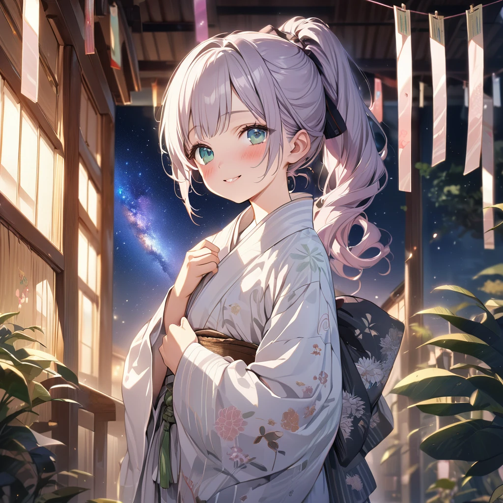 masterpiece, ultra detailed, 8K, a girl, kawaii, light atmosphere, anime visual, (tilt head:1.3), extremely delicate face, realistic lighting and shading, (an extremely delicate and beautiful art:1.3), 2 girls,blush,Japanese-style white colored yukata, cowboy shot, one girl with pale silver hair, ponytail hair, blue eyes, smiling ,other girl with pale purple hair, green eyes, smilng, The Milky Way in the night sky, Tanabata decorations, and a girl looking up at the Milky Way, from behind,