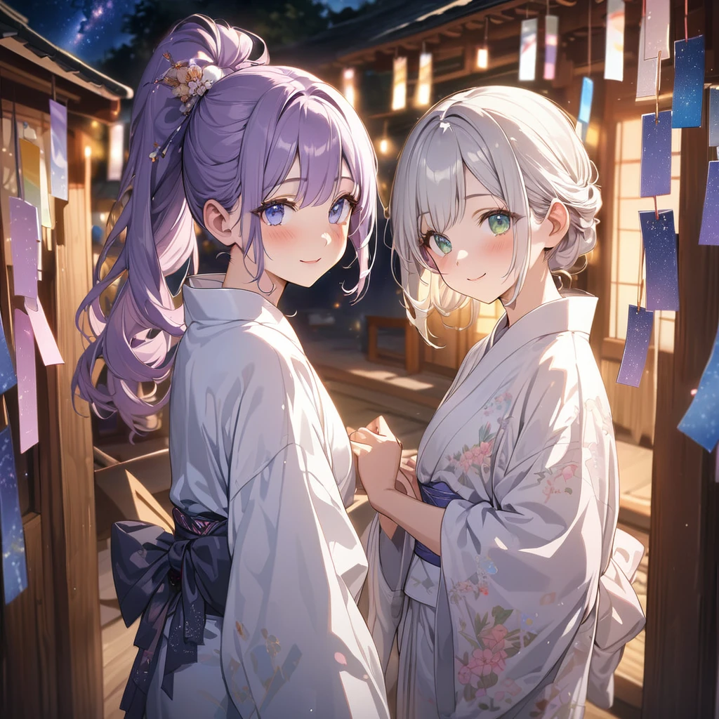 masterpiece, ultra detailed, 8K, a girl, kawaii, light atmosphere, anime visual, (tilt head:1.3), extremely delicate face, realistic lighting and shading, (an extremely delicate and beautiful art:1.3), 2 girls,blush,Japanese-style white colored yukata, cowboy shot, one girl with pale silver hair, ponytail hair, blue eyes, smiling ,other girl with pale purple hair, green eyes, smilng, The Milky Way in the night sky, Tanabata decorations, and a girl looking up at the Milky Way, from behind,