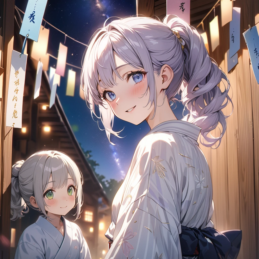 masterpiece, ultra detailed, 8K, a girl, kawaii, light atmosphere, anime visual, (tilt head:1.3), extremely delicate face, realistic lighting and shading, (an extremely delicate and beautiful art:1.3), 2 girls,blush,Japanese-style white colored yukata, cowboy shot, one girl with pale silver hair, ponytail hair, blue eyes, smiling ,other girl with pale purple hair, green eyes, smilng, The Milky Way in the night sky, Tanabata decorations, and a girl looking up at the Milky Way, from behind,