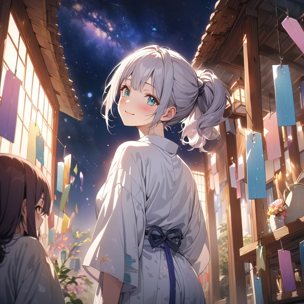 masterpiece, ultra detailed, 8K, a girl, kawaii, light atmosphere, anime visual, (tilt head:1.3), extremely delicate face, realistic lighting and shading, (an extremely delicate and beautiful art:1.3), 2 girls,blush,Japanese-style white colored yukata, cowboy shot, one girl with pale silver hair, ponytail hair, blue eyes, smiling ,other girl with pale purple hair, green eyes, smilng, The Milky Way in the night sky, Tanabata decorations, and a girl looking up at the Milky Way, from behind,