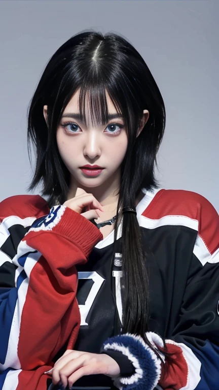 a close up of a person wearing a hockey jersey with deep blue eyes, anime girl in real life, anime inspired, chica anime cosplay, 1 7 year old anime gothic girl, anime vibes, animated styled, Realist anime 3 d style, hyper Realist anime, cosplay anime, animated style, Realist anime, animated style only, awesome anime face portrait, Sakimichan