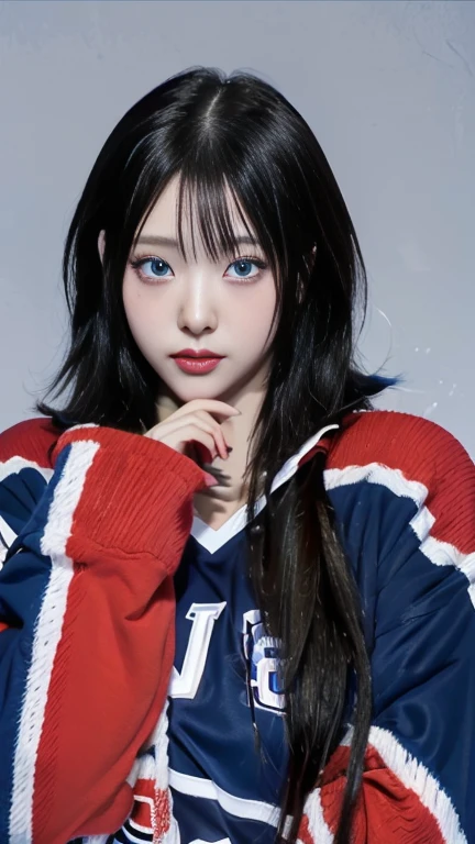 a close up of a person wearing a hockey jersey with deep blue eyes, anime girl in real life, anime inspired, chica anime cosplay, 1 7 year old anime gothic girl, anime vibes, animated styled, Realist anime 3 d style, hyper Realist anime, cosplay anime, animated style, Realist anime, animated style only, awesome anime face portrait, Sakimichan