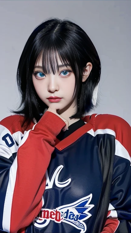 a close up of a person wearing a hockey jersey with deep blue eyes, anime girl in real life, anime inspired, chica anime cosplay, 1 7  anime gothic girl, anime vibes, animated styled, Realist anime 3 d style, hyper Realist anime, cosplay anime, animated style, Realist anime, animated style only, awesome anime face portrait, Sakimichan